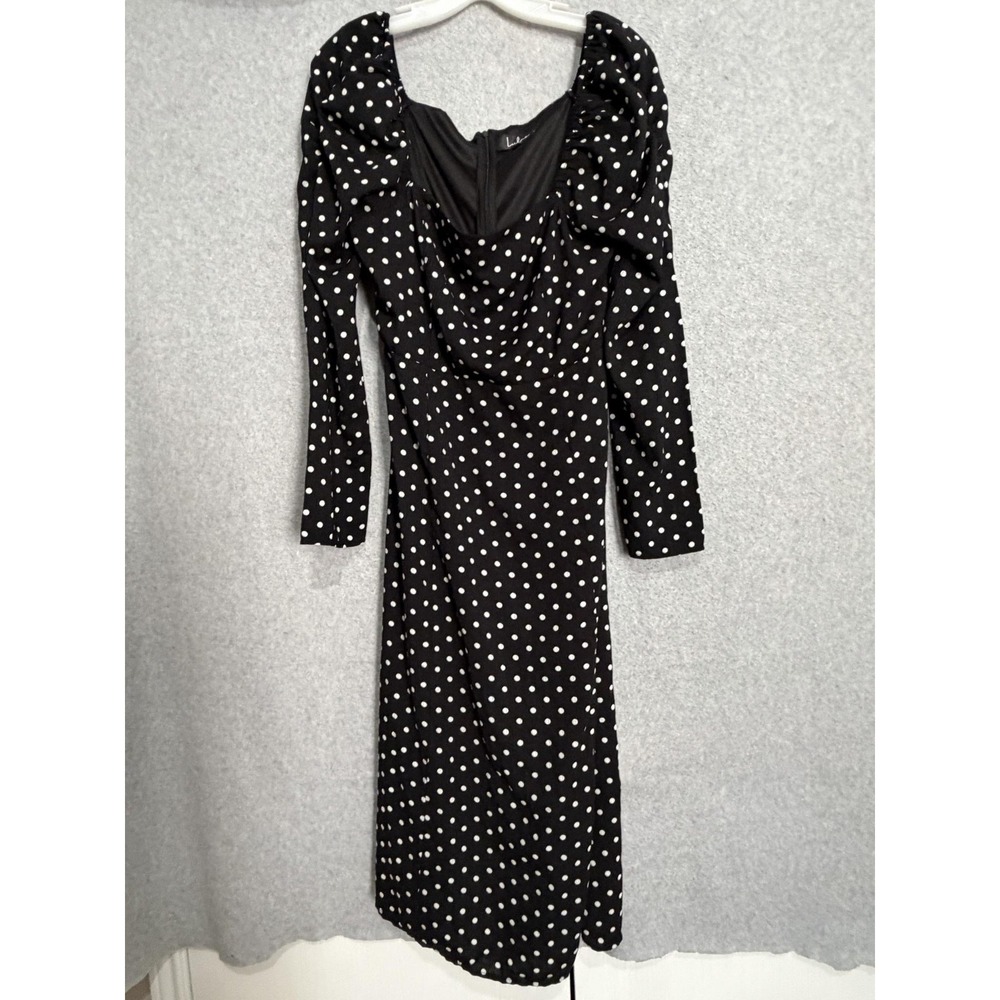 Lulus Dress Womens L Black Polka Dot Cowl Neck Maxi Long Sleeve Puff Sheath